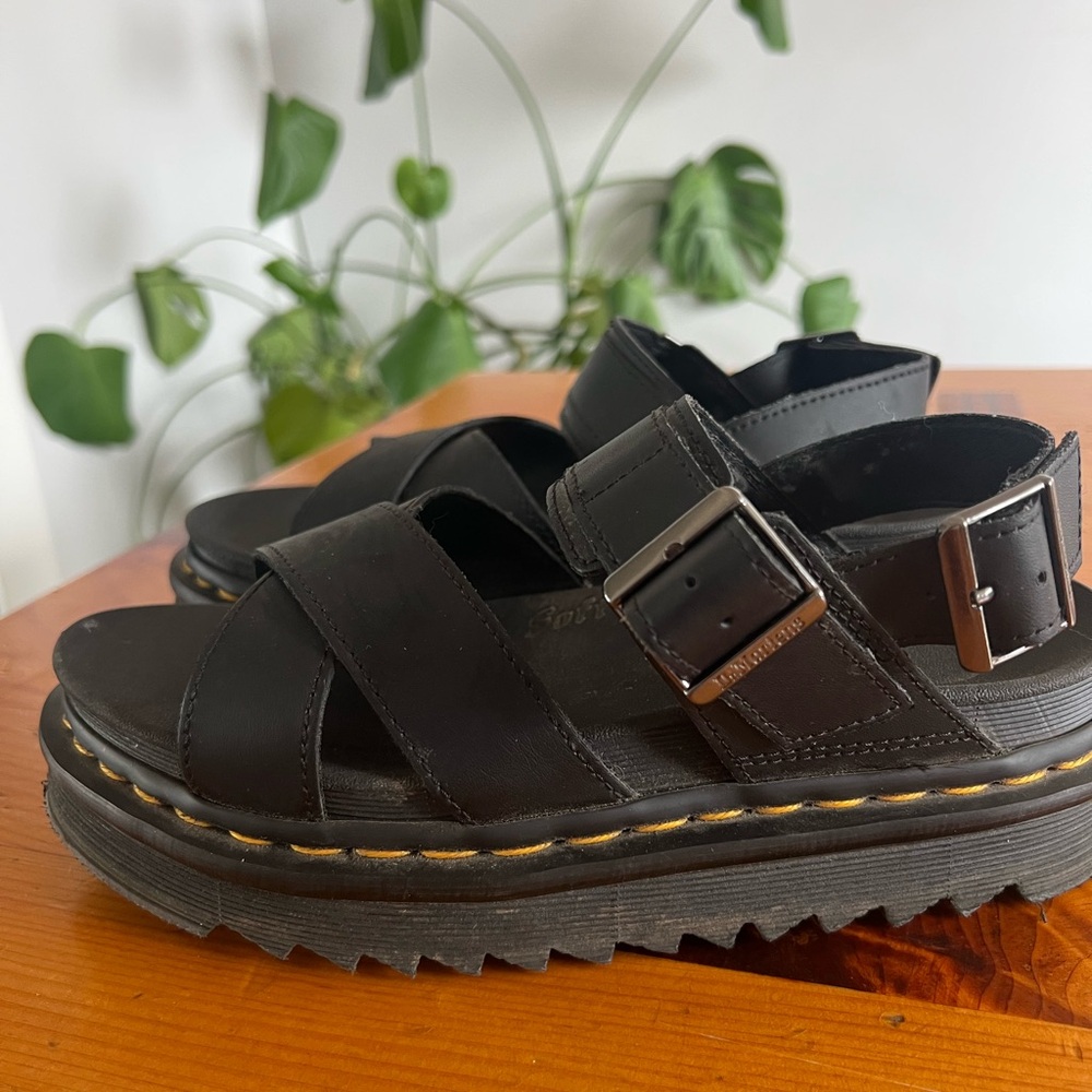 Dr. Martens Black Leather Platform Sandals with Yellow Stitching